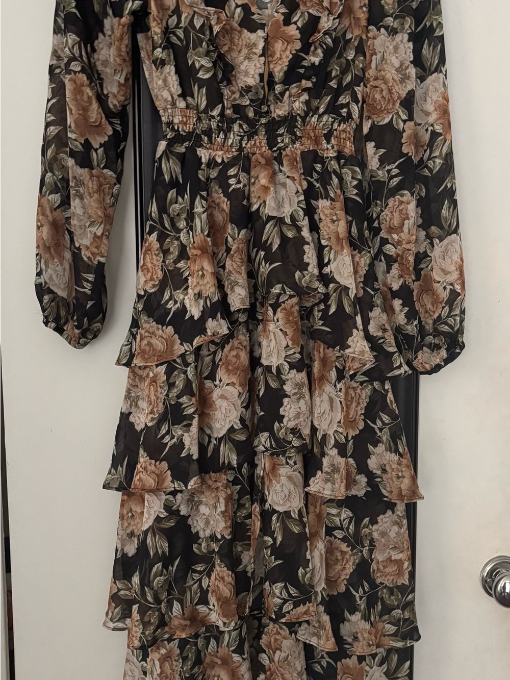 Vici Floral Tiered Maxi Dress in Black, Brown & Cream